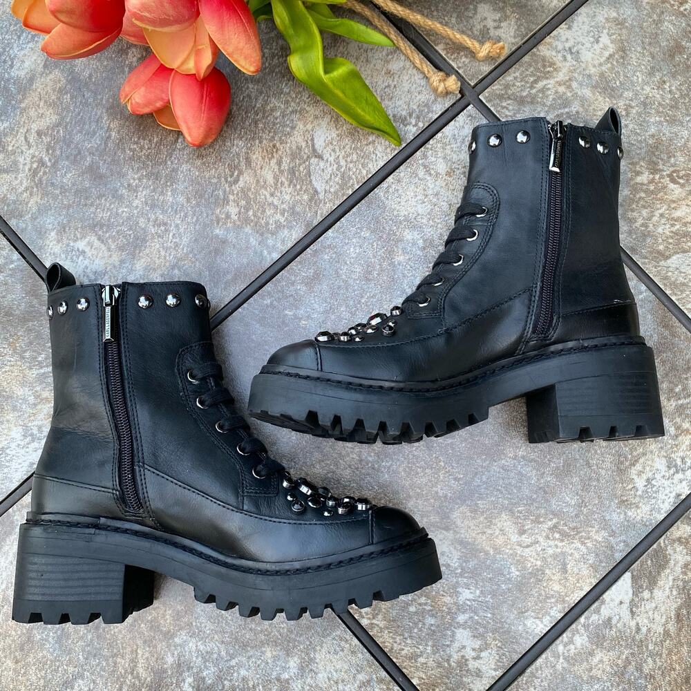 New KARL LAGERFELD PARIS Black Breck Studded Leather Moto Combat Boot Size 6 - Picture 9 of 12